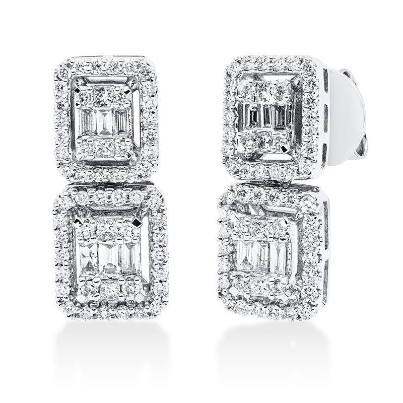 Ohrstecker 18 kt WG, 12 Bag. 0,22 ct, TW-si, 8 Princ. 0,12 ct, TW-si, 104 Brill. 0,46 ct, TW-si