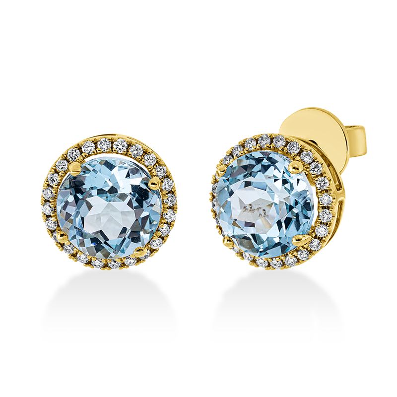 Ohrstecker 18 kt GG, 48 Brill. 0,26 ct, TW-si, 2 Topase 5,40 ct sky blue