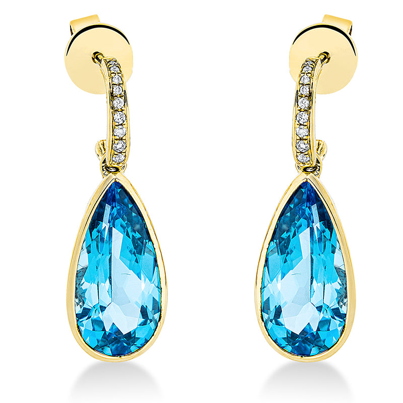 Ohrschmuck 18 kt GG, 18 Brill. 0,09 ct, TW-si, 2 Topase 10,90 ct blau