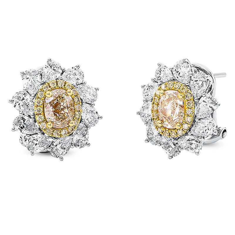 Ohrstecker 18 kt WG+GG, GIA 2pcs, 20 Tropfen 2,90 ct, TW-vsi, 1 Oval 0,76 ct, gelb-vs2, 1 Oval 0,78 ct, gelb-vs1, 36 Brill. 0,18 ct, gelb