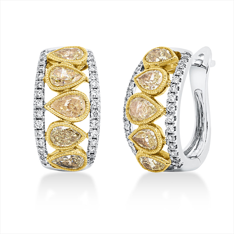 Creolen 18 kt WG+GG, 60 Brill. 0,26 ct, TW-si, 10 Tropfen 1,80 ct, gelb