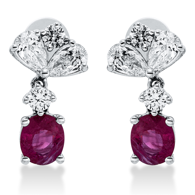 Ohrschmuck 14 kt WG, 4 Tropfen 0,74 ct, TW-vsi, 4 Brill. 0,28 ct, TW-vsi, 2 Rubine 1,42 ct rot