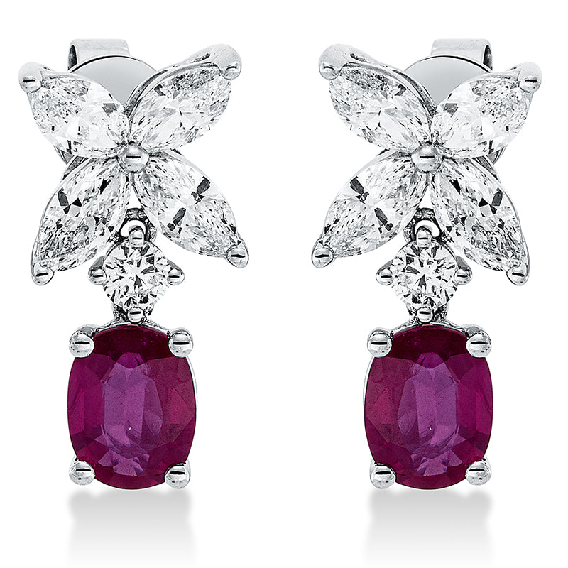 Ohrschmuck 14 kt WG, 8 Nav. 1,63 ct, TW-vsi, 2 Brill. 0,19 ct, TW-vsi, 2 Rubine 2,30 ct rot