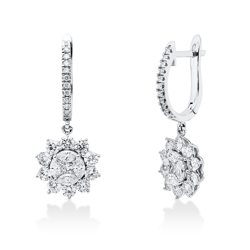 Ohrschmuck 18 kt WG, 40 Brill. 1,61 ct, F-si, 8 Nav. 0,62 ct, F-vsi, 2 Princ. 0,26 ct, F-vsi