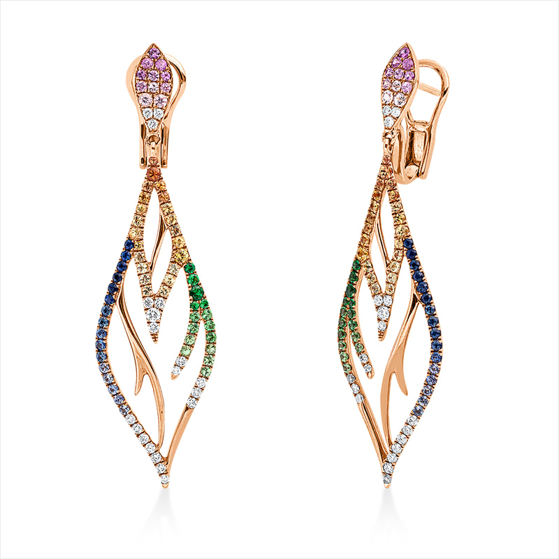 Ohrschmuck 18 kt RG, 38 Brill. 0,49 ct, TW-vsi/si, 128 Saphire 2,38 ct multicolor