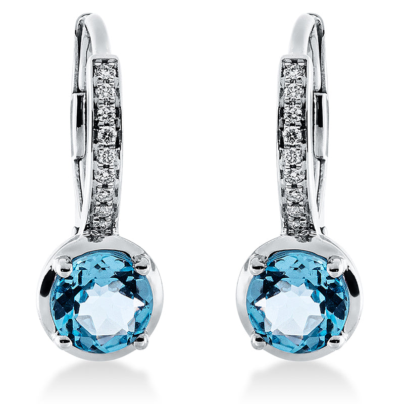 Creolen 18 kt WG, 18 Brill. 0,06 ct, TW-si, 2 Topase 1,10 ct blau