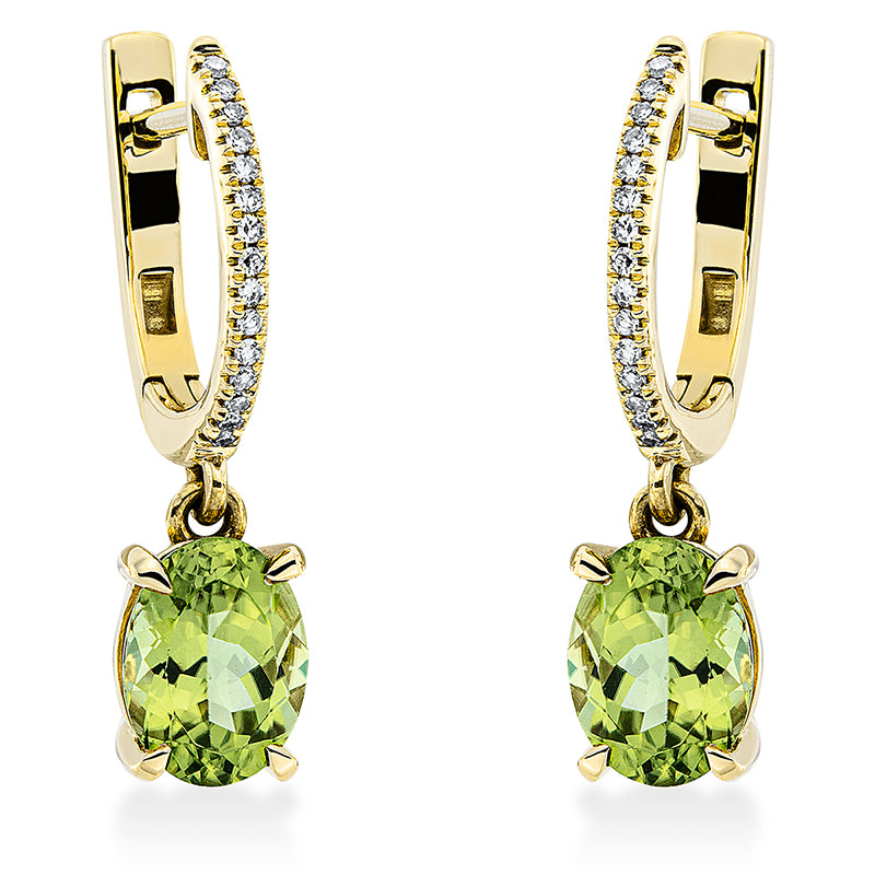 Ohrschmuck 18 kt GG, 30 Dia. 0,09 ct, TW-si, 2 Peridot 2,60 ct grün