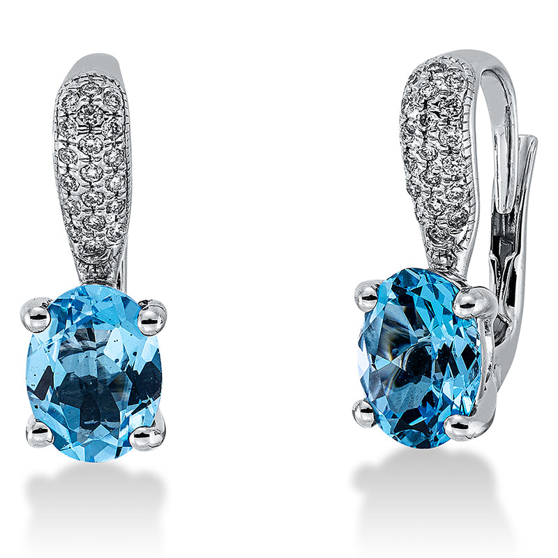 Ohrschmuck 18 kt WG, 40 Brill. 0,15 ct, TW-si, 2 Topase 3,20 ct blau