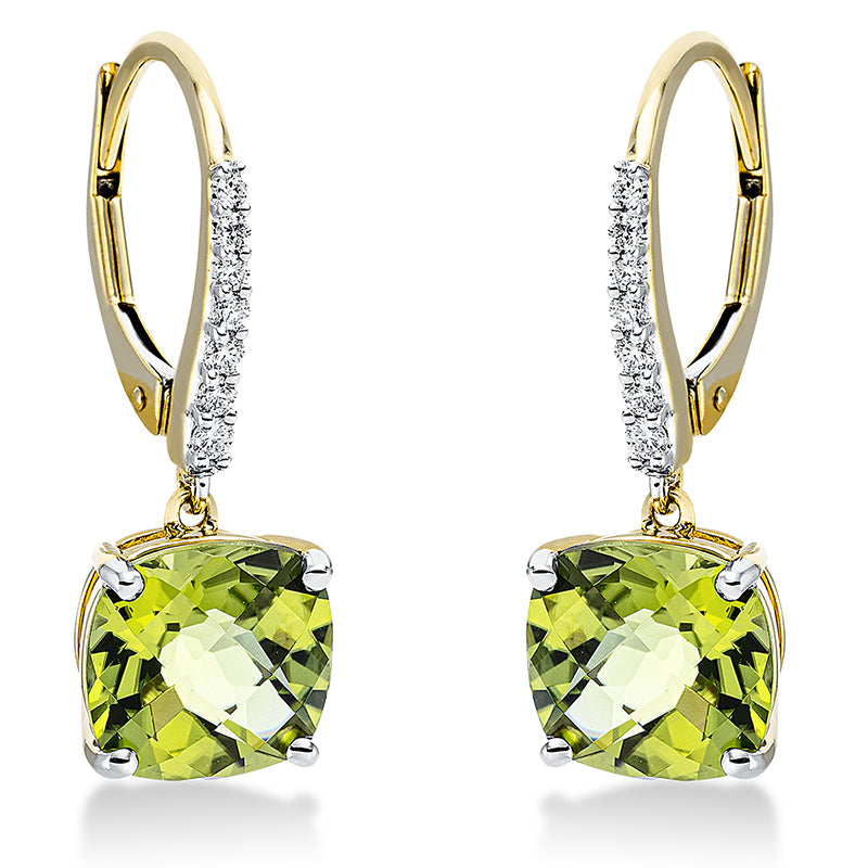 Ohrschmuck 18 kt GG, Fassung rhodiniert, 14 Brill. 0,14 ct, TW-si, 2 Peridot 4,58 ct grün