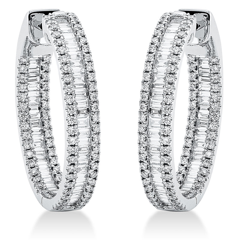 Creolen 18 kt WG, 110 Bag. 1,13 ct, TW-si, 164 Brill. 0,85 ct, TW-si