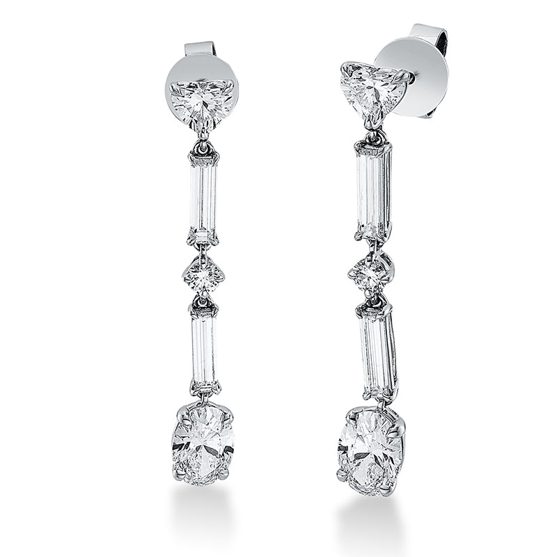 Ohrschmuck 18 kt WG, 2 Herzschl. 0,63 ct, F-vvs, 2 Oval 1,51 ct, F-vvs, 4 Bag. 0,83 ct, TW-vvs, 2 Brill. 0,16 ct, F-vsi