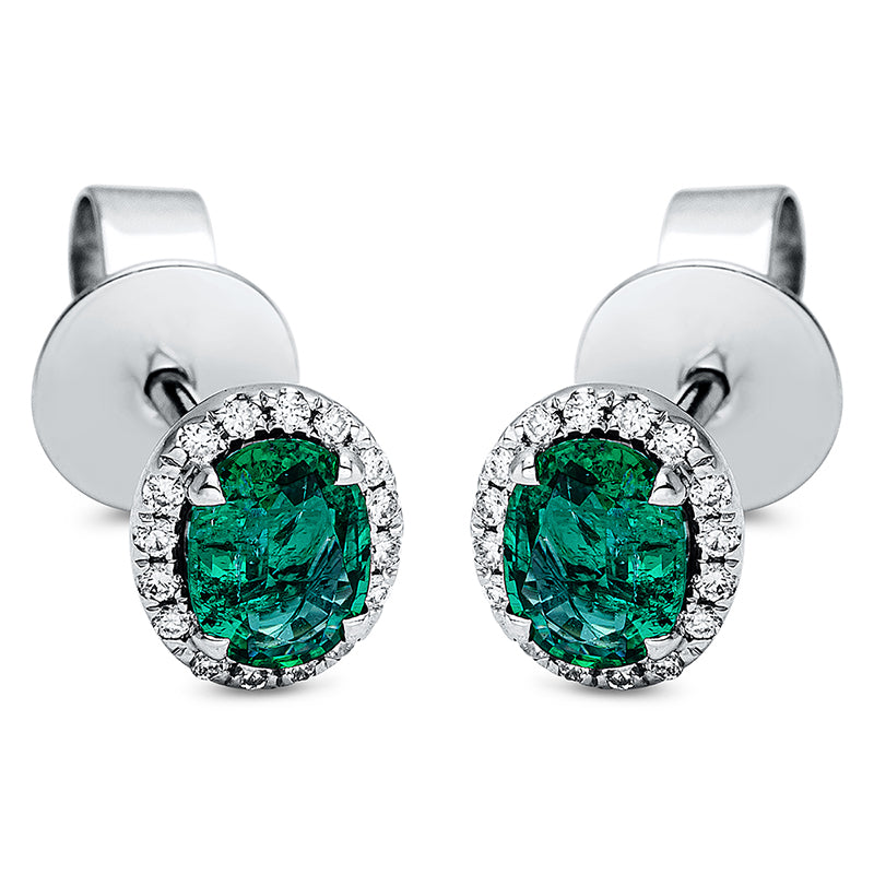 Ohrstecker 18 kt WG, 32 Brill. 0,09 ct, TW-si, 2 Smaragde 0,52 ct grün