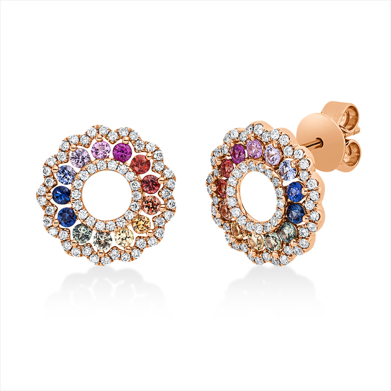 Ohrstecker 18 kt RG, 114 Brill. 0,34 ct, TW-si, 26 Saphire 0,75 ct multicolor