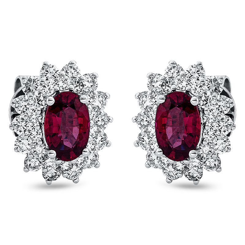 Ohrstecker 18 kt WG, 56 Brill. 0,83 ct, TW-si, 2 Rubine 1,22 ct rot