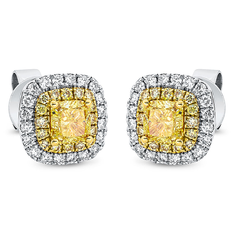 Ohrstecker 18 kt WG+GG, 40 Brill. 0,18 ct, TW-si, 2 Cushion 0,71 ct, gelb, 32 Brill. 0,14 ct, gelb