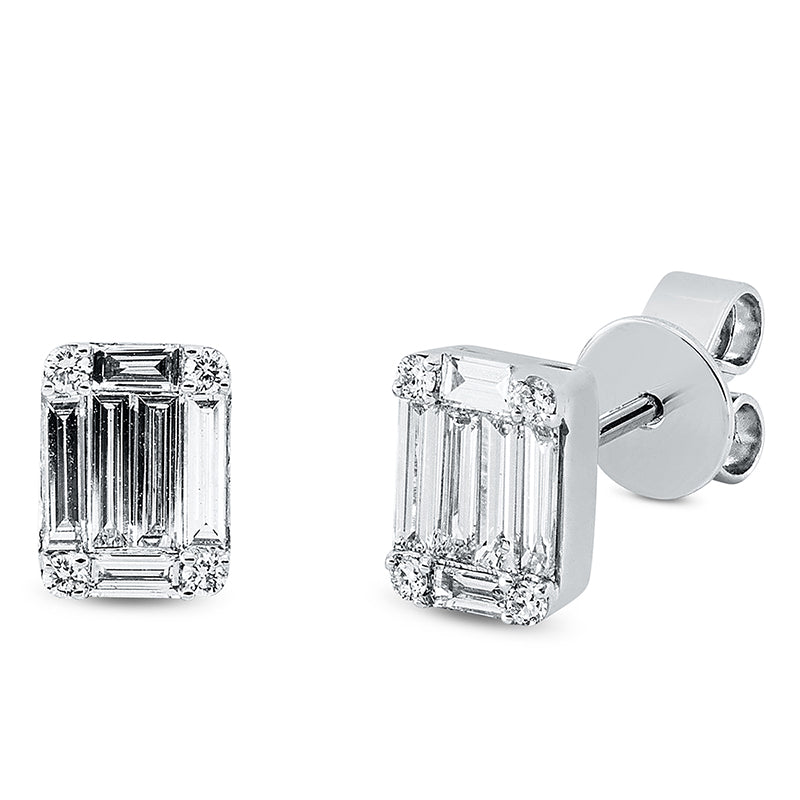 Ohrstecker 18 kt WG, 4 Bag. 0,10 ct, TW-vsi, 8 Bag. 0,42 ct, TW-vsi, 8 Brill. 0,08 ct, TW-si