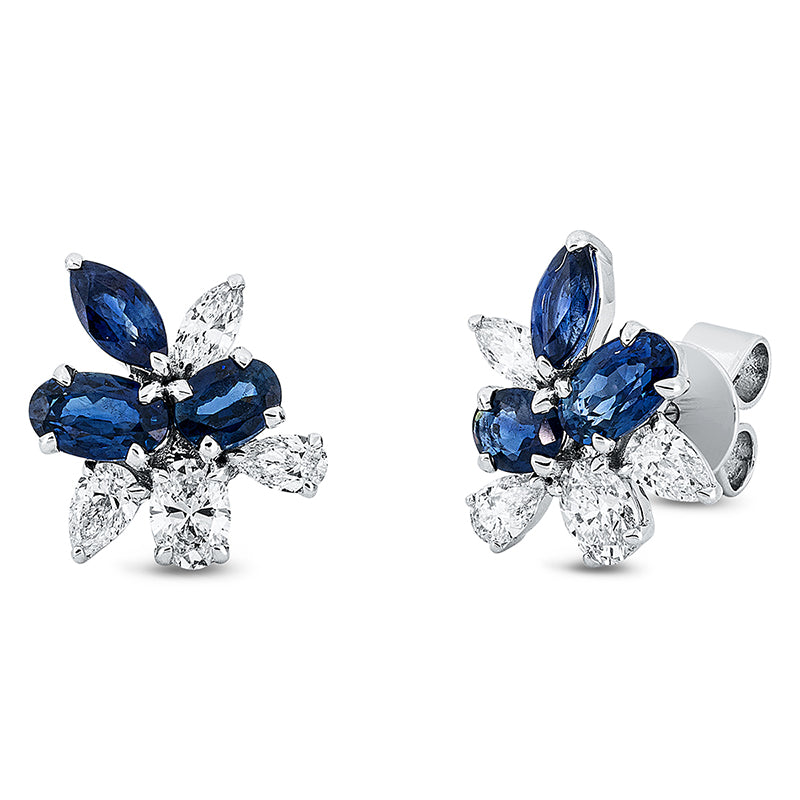 Ohrstecker 18 kt WG, 2 Oval 0,30 ct,4 Tropfen 0,29 ct,2 Nav. 0,12 ct, TW-si, 6 Saphire 1,60 ct blau