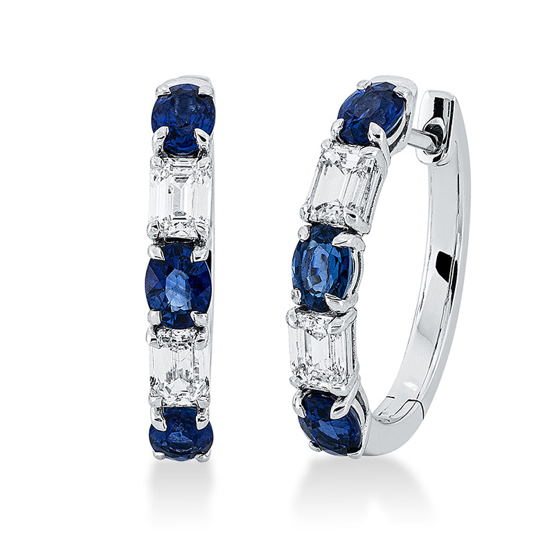 Creolen 18 kt WG, 4 Sm.schliff 0,84 ct, TW-si, 6 Saphire 1,53 ct blau