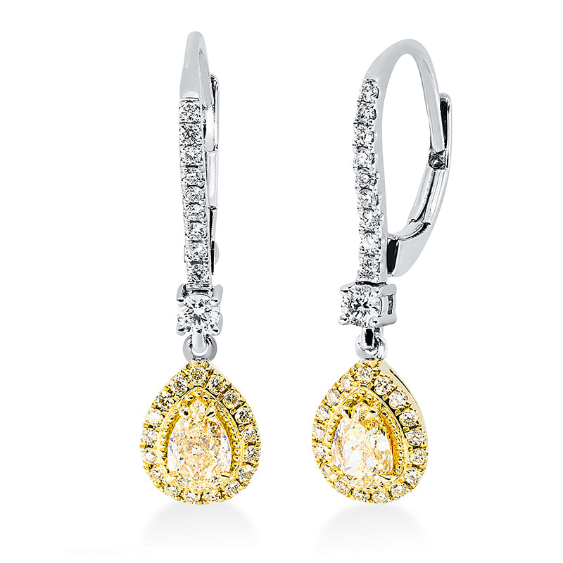 Ohrschmuck 18 kt,2 Brill.0,10ct,18 Brill. 0,11 ct, TW-si, 2 Tropfen 0,65 ct, gelb, 34 Brill. 0,14 ct, gelb