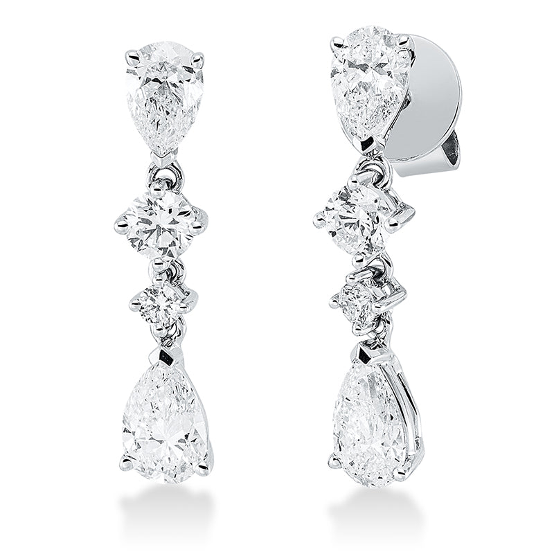 Ohrschmuck 18 kt WG, 2 Tropfen 0,64 ct, TW-si, 2 Tropfen 0,97 ct, TW-si, 4 Brill. 0,38 ct, TW-si