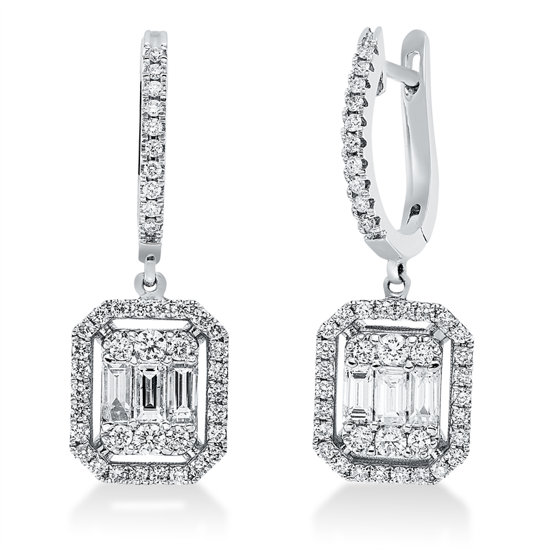 Ohrschmuck 14 kt WG, 6 Bag. 0,62 ct, F-vsi, 84 Brill. 0,91 ct, F-si