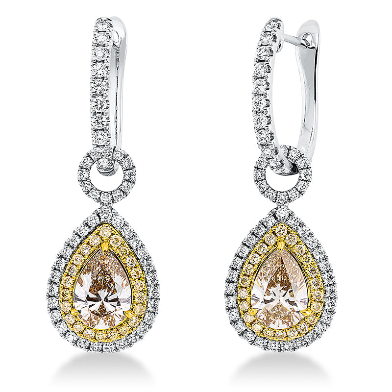 Ohrschmuck 18 kt WG+GG, 2 Tropfen 1,63ct, gelb-vsi, 44 Brill. 0,22ct, gelb, 98 Brill. 0,68ct, TW-vsi/si