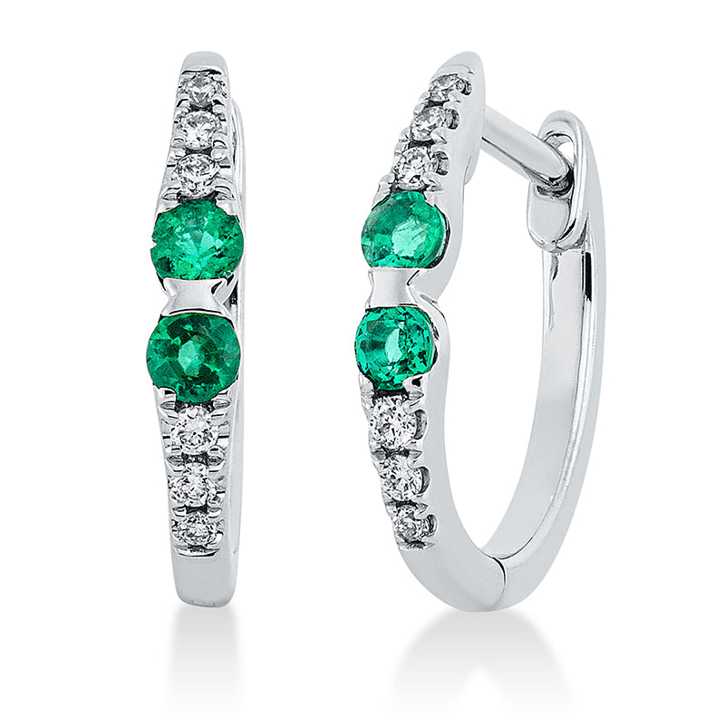 Creolen 18 kt WG, 12 Brill. 0,09 ct, TW-si, 4 Smaragde 0,23 ct grün