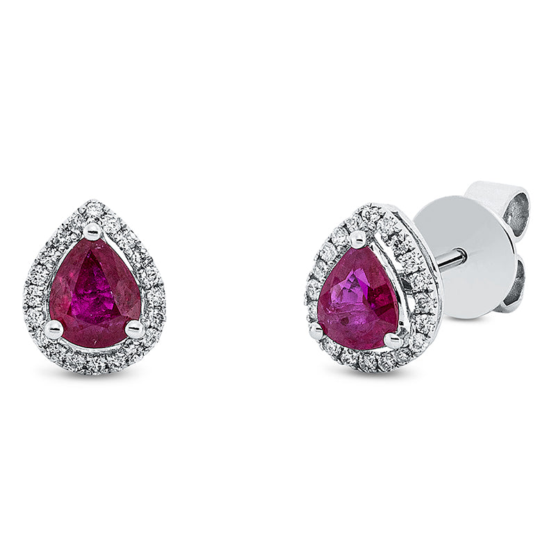 Ohrstecker 18 kt WG, 40 Brill. 0,11 ct, W-pi, 2 Rubine 0,63 ct rot
