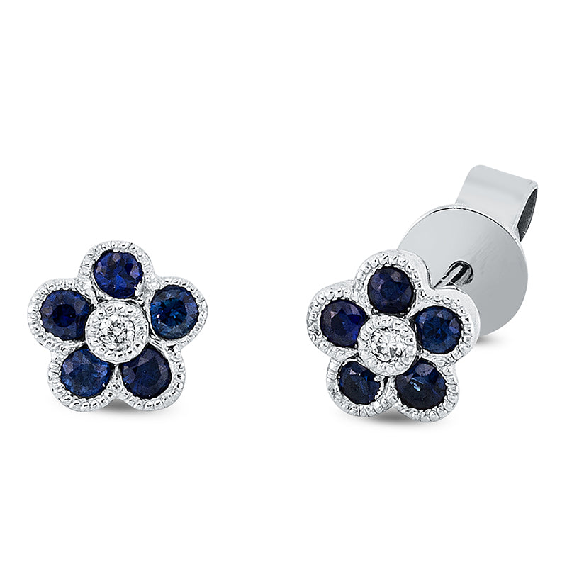 Ohrstecker 18 kt WG, 2 Brill. 0,02 ct, TW-pi, 10 Saphire 0,31 ct blau