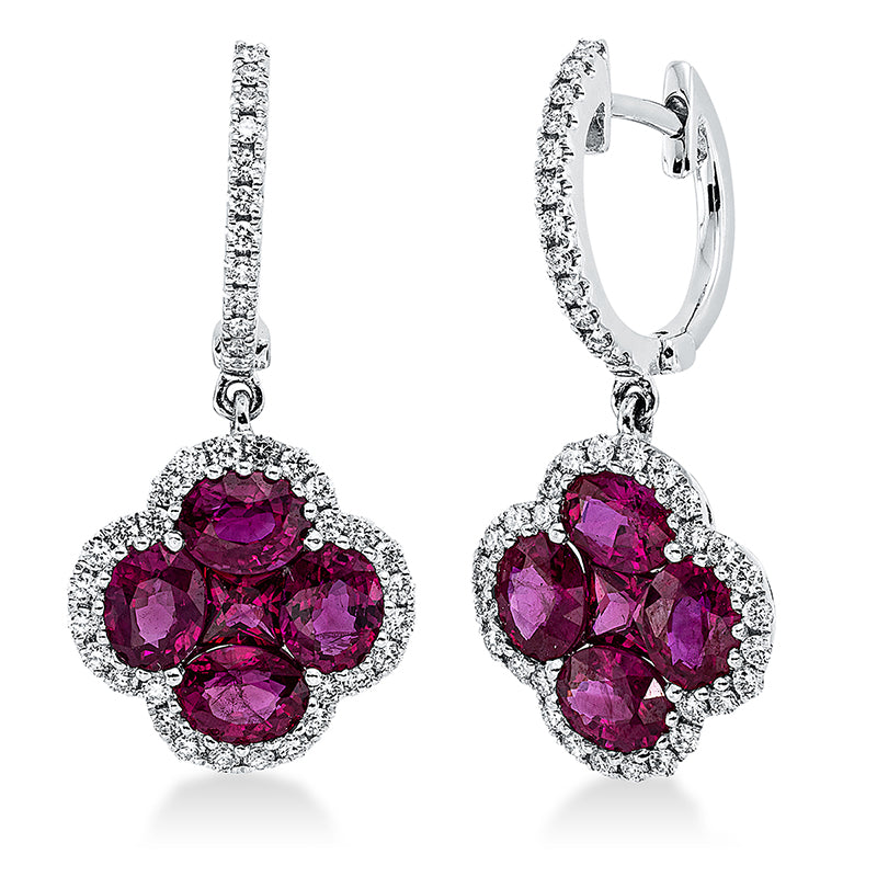 Ohrschmuck 18 kt WG, 80 Brill. 0,35 ct, TW-si, 10 Rubine 2,90 ct rot