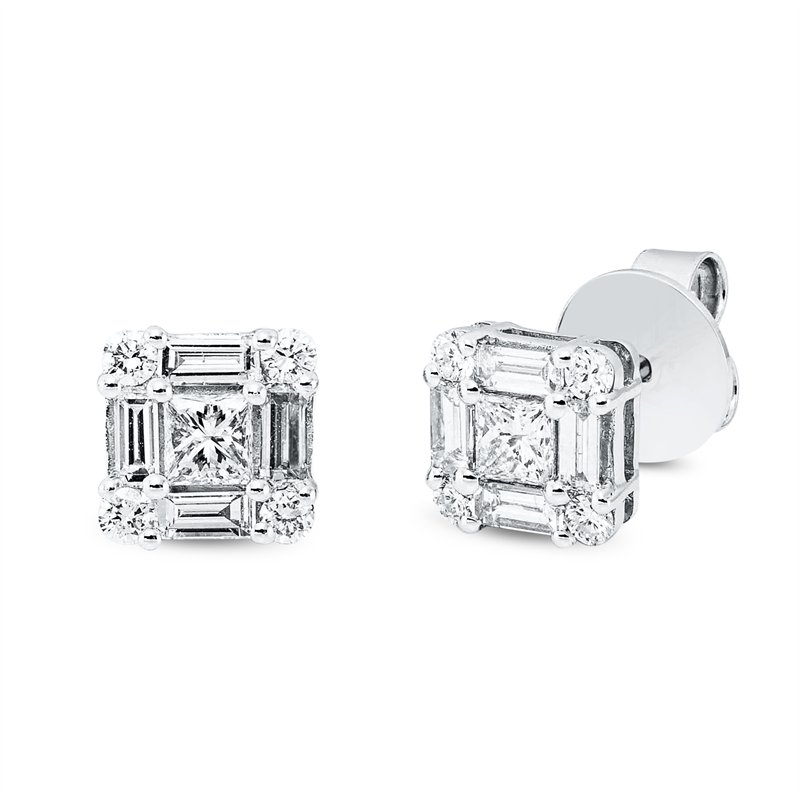 Ohrstecker 18 kt WG, 8 Bag. 0,48 ct, TW-si, 2 Princ. 0,34 ct, TW-si, 8 Brill. 0,19 ct, TW-si