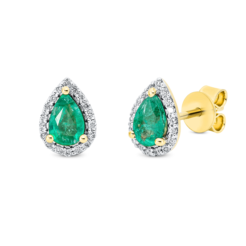 Ohrstecker 18 kt GG, Fassung rhodiniert, 36 Brill. 0,12 ct, TW-si, 2 Smaragde 0,62 ct grün