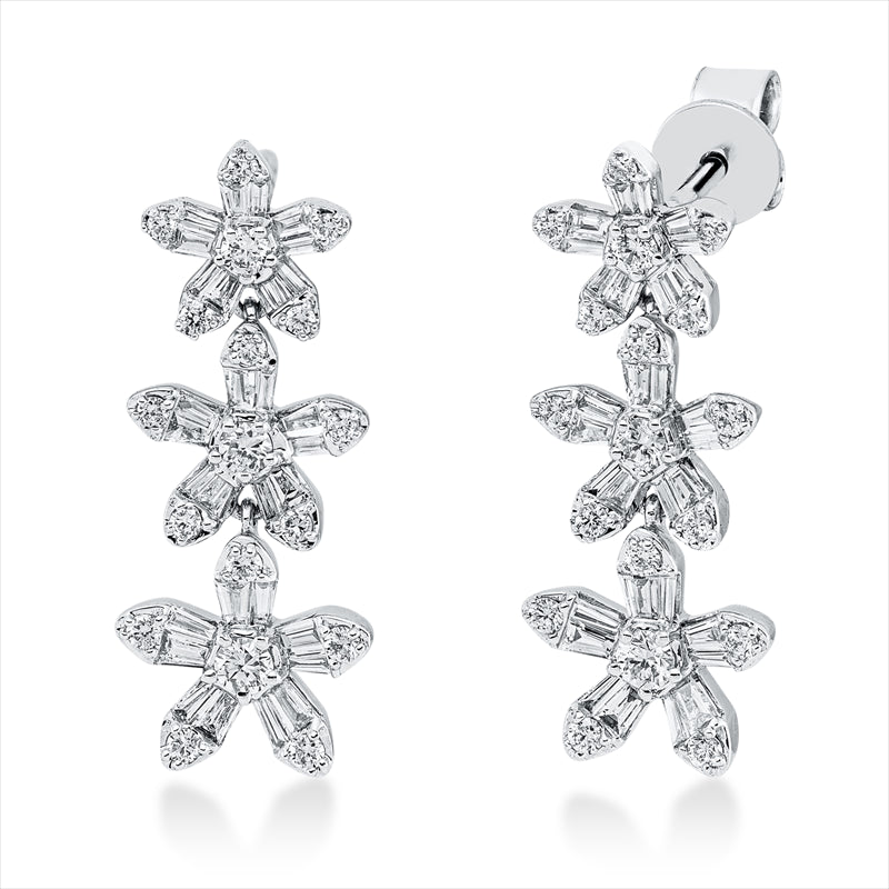 Ohrschmuck 18 kt WG, 2 Brill. 0,03 ct, TW-si, 4 Brill. 0,12 ct, TW-si, 60 Trap. 0,53 ct, TW-si, 30 Brill. 0,18 ct, TW-si