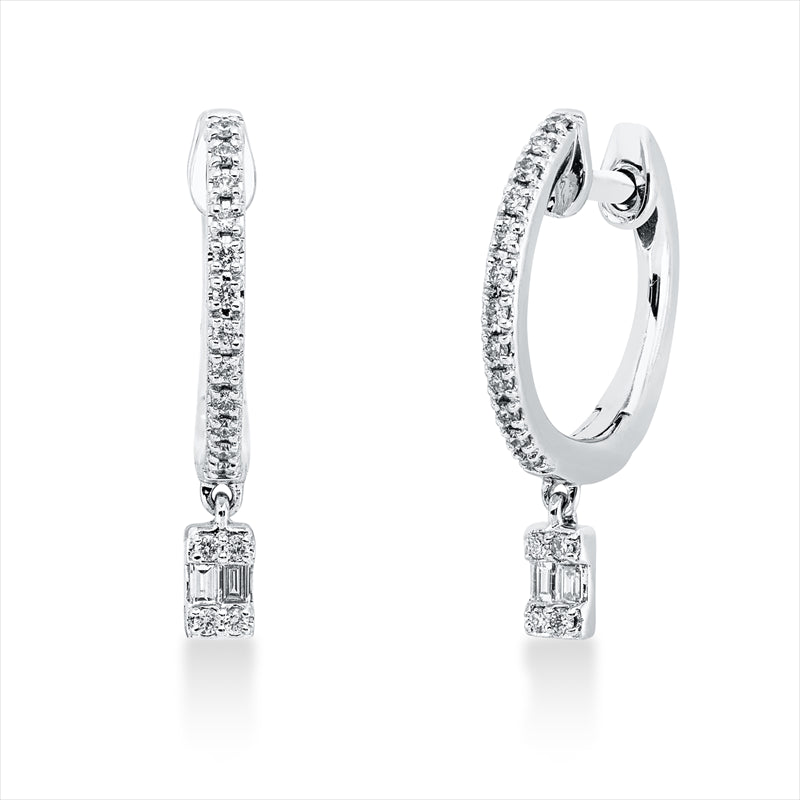 Ohrschmuck 18 kt WG, 4 Bag. 0,04 ct, TW-si, 32 Brill. 0,11 ct, TW-si