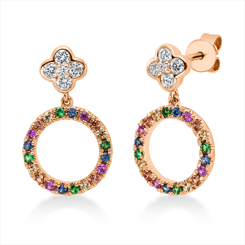 Ohrschmuck 18 kt RG,8 Brill.0,21 ct 2 Brill. 0,01 ct, 8 Tsavorith0,08 ct grün,32 Saphire 0,35ct multicolor