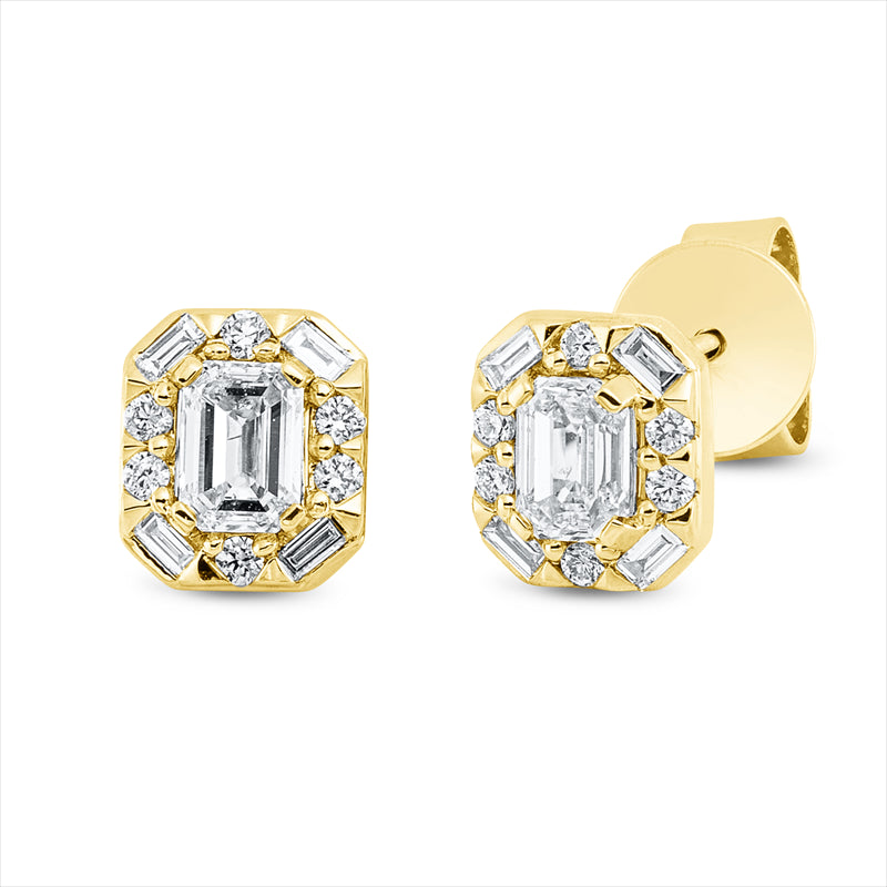 Ohrstecker 18 kt GG, 8 Bag. 0,08 ct, TW-si, 2 Sm.schliff 0,48 ct, TW-si, 12 Brill. 0,07 ct, TW-si