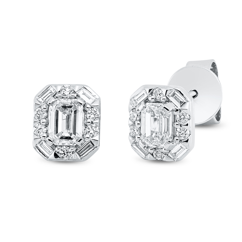 Ohrstecker 18 kt WG, 8 Bag. 0,08 ct, TW-si, 2 Sm.schliff 0,48 ct, TW-si, 12 Brill. 0,07 ct, TW-si