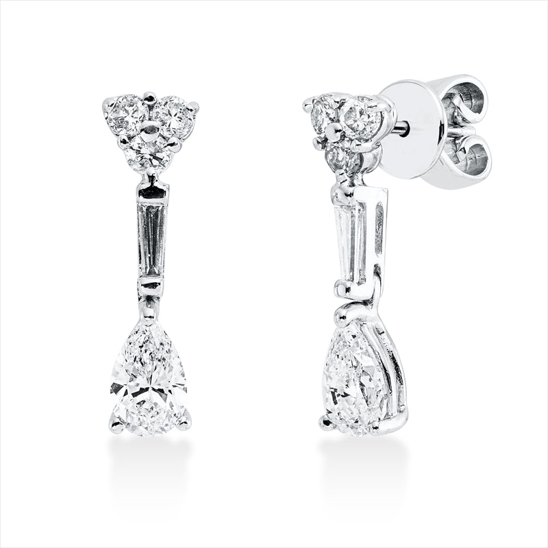 Ohrschmuck 14 kt WG, 2 Trap. 0,15 ct, 2 Tropfen 1,01 ct, 6 Brill. 0,33 ct, TW-vsi/si