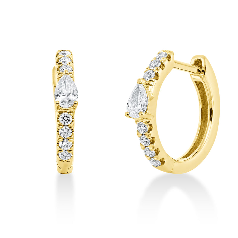 Creolen 18 kt GG, 2 Tropfen 0,15 ct, TW-vsi, 14 Brill. 0,12 ct, TW-si