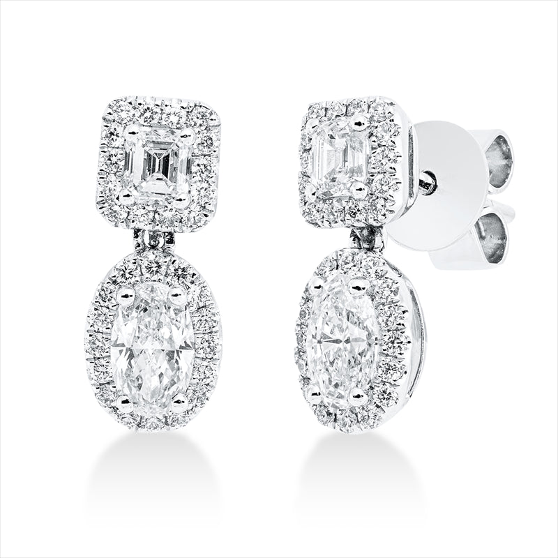 Ohrschmuck 18 kt WG, 2 Sm.schliff 0,34 ct, TW-vsi, 2 Oval 0,69 ct, TW-vsi, 60 Brill. 0,31 ct, TW-vsi