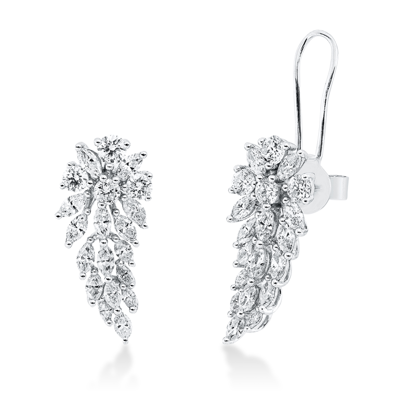 Ohrschmuck 18 kt WG, 2 Brill. 0,21 ct, TW-pi, 32 Nav. 1,33 ct, TW-si, 6 Brill. 0,48 ct, TW-pi