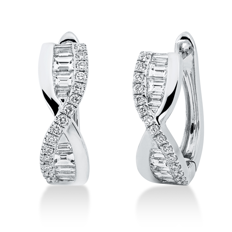 Creolen 18 kt WG, 8 Bag. 0,16 ct, TW-vsi, 8 Bag. 0,43 ct, TW-vsi, 30 Brill. 0,20 ct, TW-si
