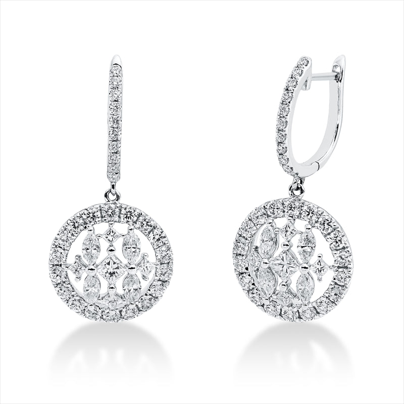 Ohrschmuck 18 kt WG, 10 Princ. 0,43 ct, TW-vsi, 8 Nav. 0,48 ct, TW-vsi, 58 Brill. 1,06 ct, TW-si