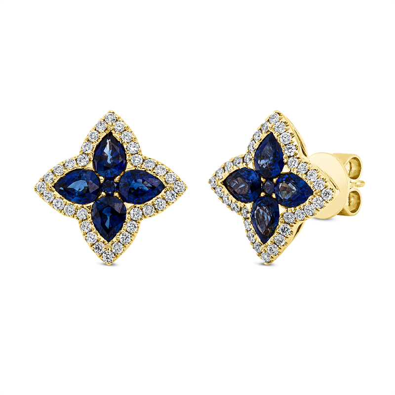 Ohrstecker 18 kt GG, 64 Brill. 0,40 ct, TW-si, 8 Saphire 1,97 ct blau, 2 Saphire 0,07 ct blau