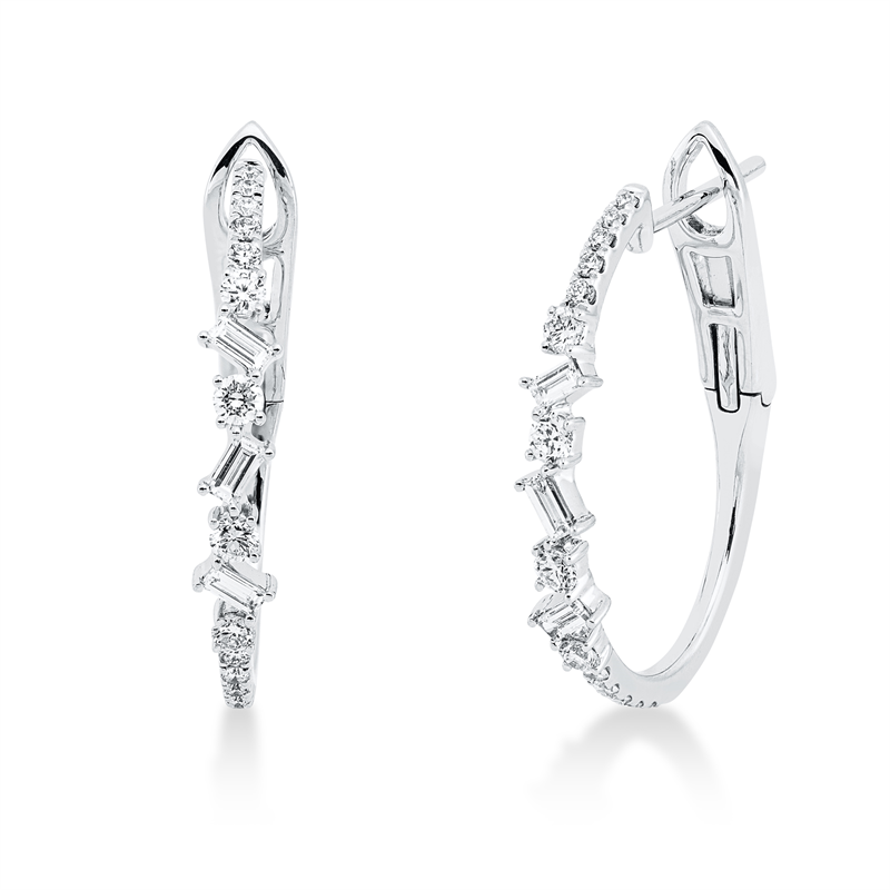 Creolen 18 kt WG, 8 Brill. 0,24 ct,2 Bag. 0,08 ct, TW-si, 4 Bag. 0,13 ct, TW-si, 22 Brill. 0,14 ct, TW-si