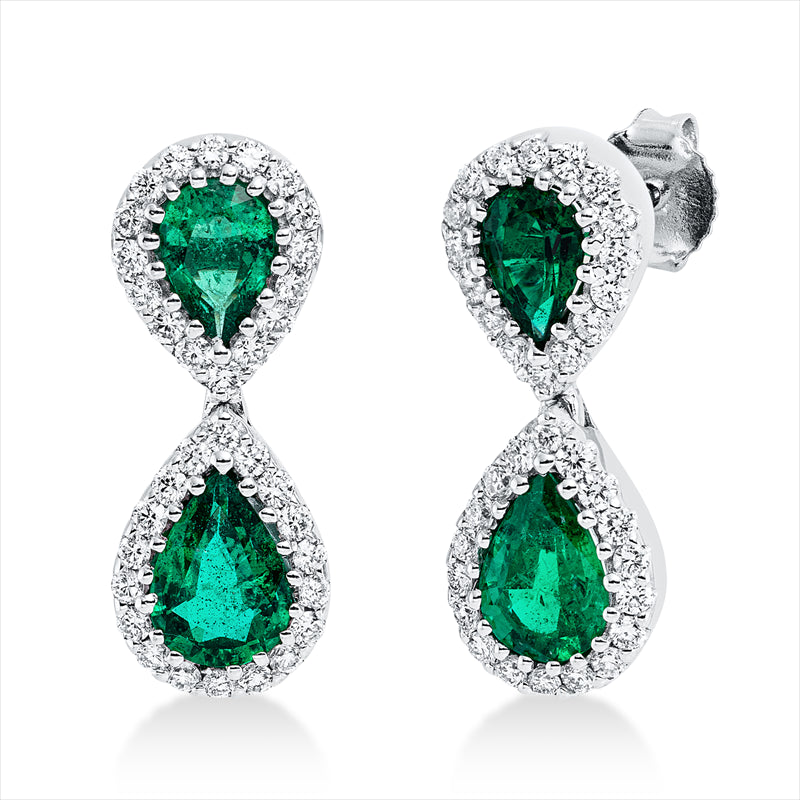 Ohrschmuck 18 kt WG, 64 Brill. 0,64 ct, TW-si, 4 Smaragde 1,80 ct grün