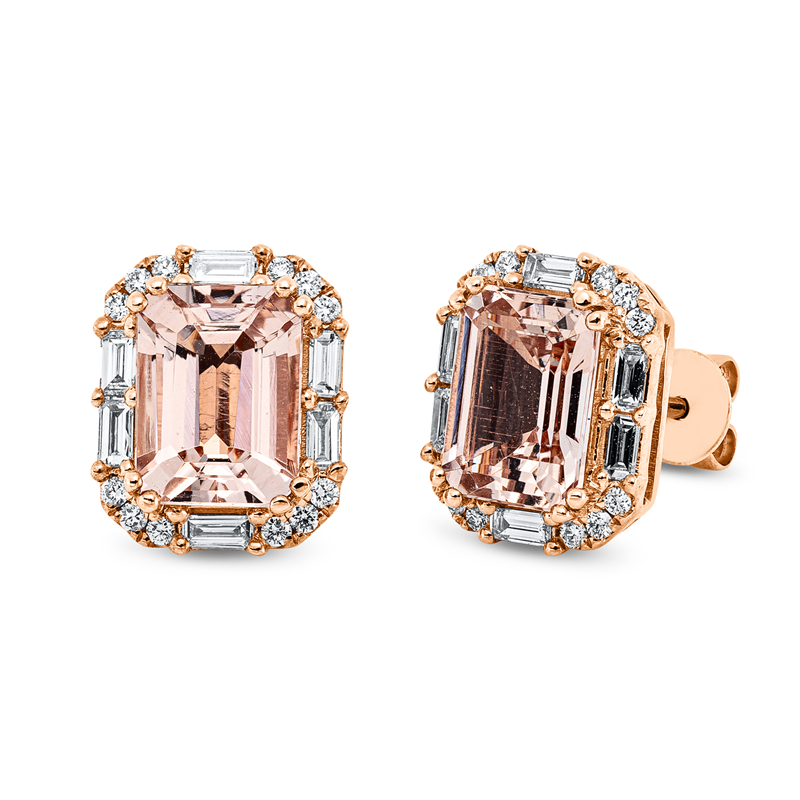 Ohrstecker 14 kt RG, 12 Bag. 0,30 ct, TW-vsi, 24 Brill. 0,12 ct, W-vsi, 2 Morganit 2,75 ct rosa
