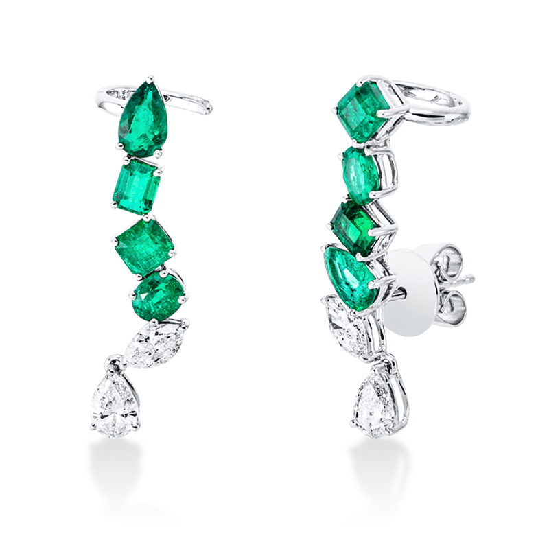 Ohrschmuck 18 kt WG, 2 Nav. 0,37 ct, TW-si, 2 Tropfen 0,43 ct, TW-si, 8 Smaragde 1,77 ct grün