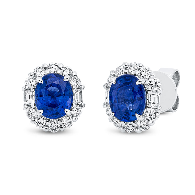 Ohrstecker 18 kt WG, 4 Bag. 0,12 ct, TW-si, 20 Brill. 0,38 ct, TW-si, 2 Saphire 2,09 ct blau