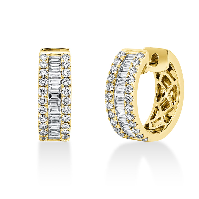 Creolen 18 kt GG, 28 Bag. 0,51 ct, TW-si, 48 Brill. 0,53 ct, TW-si